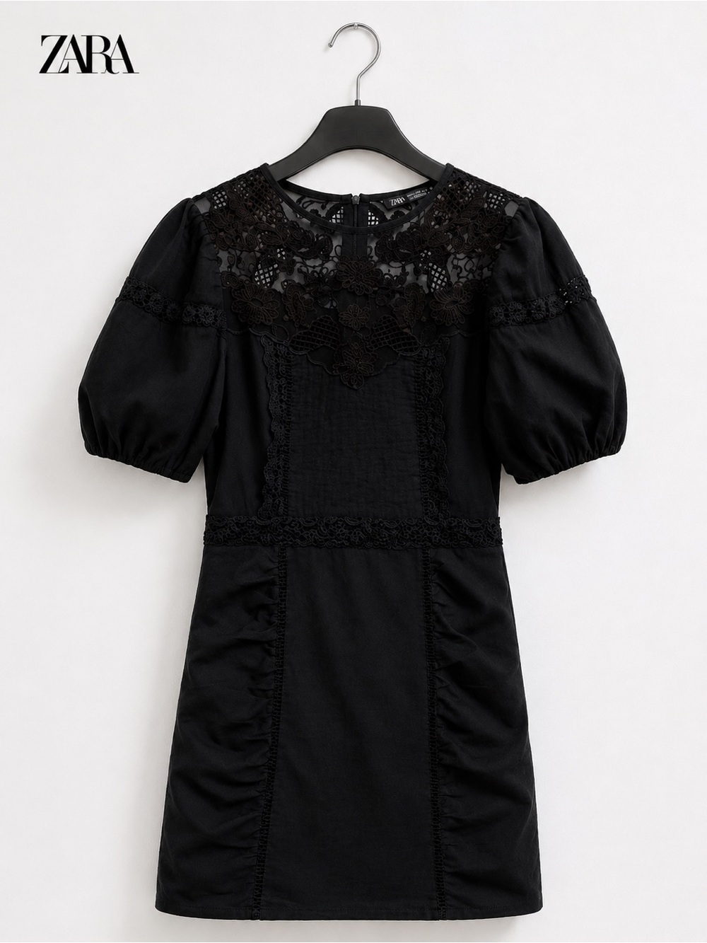 Zara Black Mini Dress with Lace Detail and Puff Sleeve size S